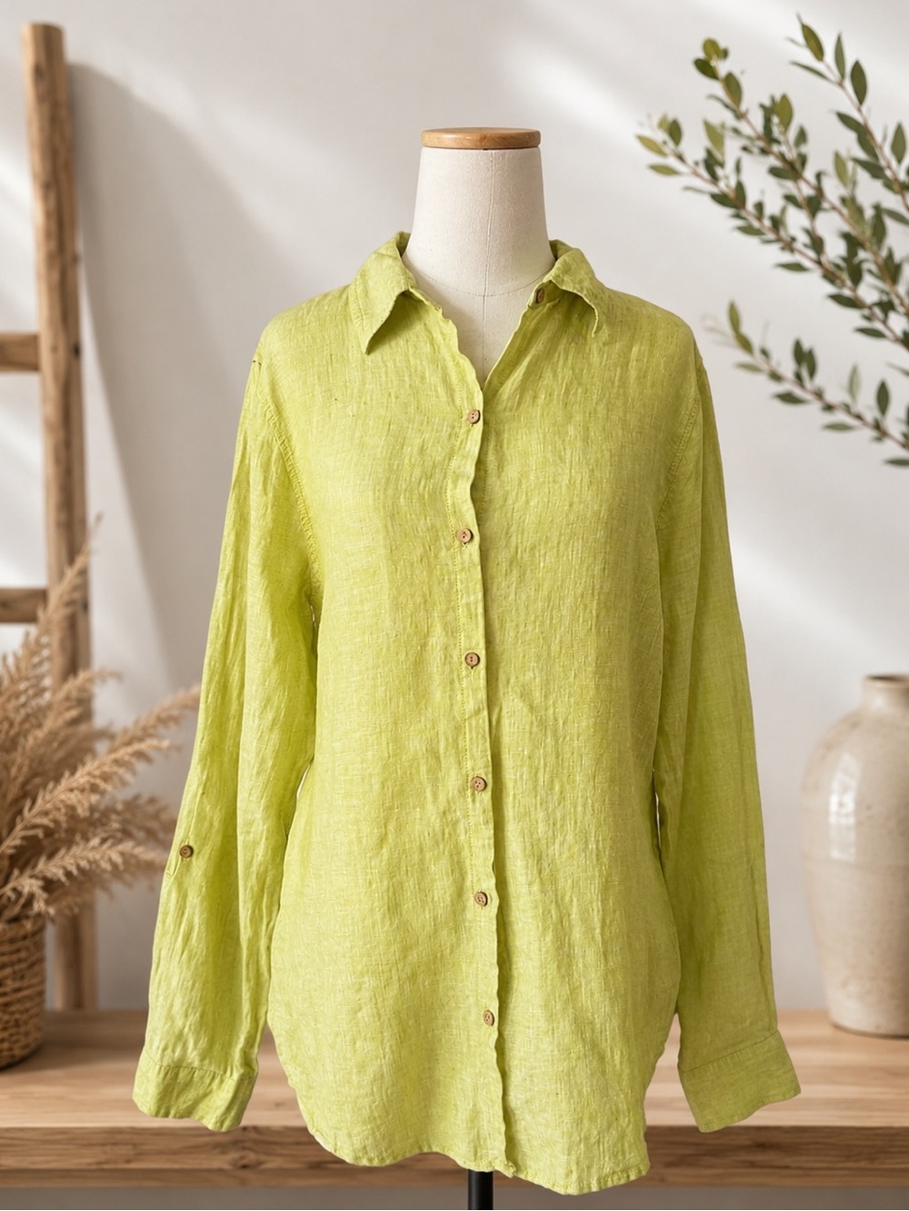 JNY 100% Linen Button-Up‎ Shirt Sz M Lime Green Long Sleeve Collared Top